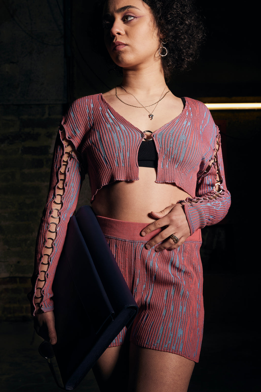 Cropped Kimono Jacket with Rings in Guava Pink-Blue